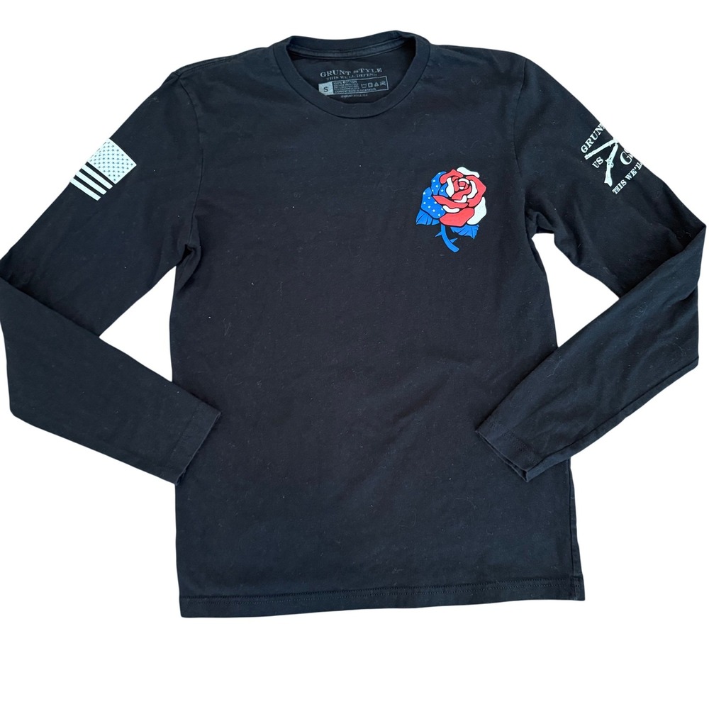 Grunt Style Patriotic Rose Long Sleeve Graphic Tee Black Sz S One‎ Flag 1776